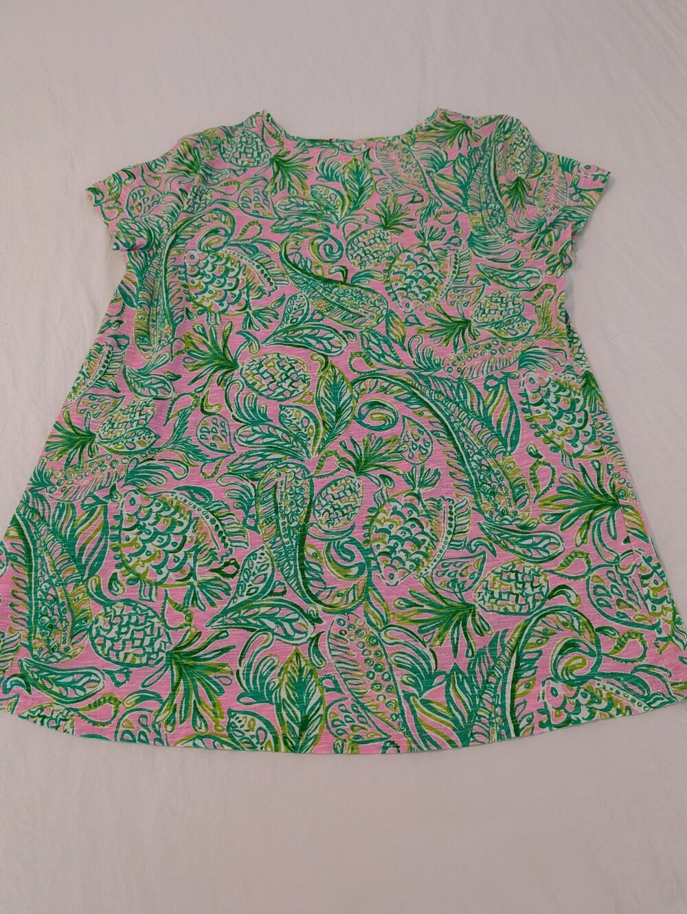 Lilly Pulitzer Etta Top Shirt Mandevilla Baby Fins & Flippers, Sz L Pink Green - Picture 9 of 10